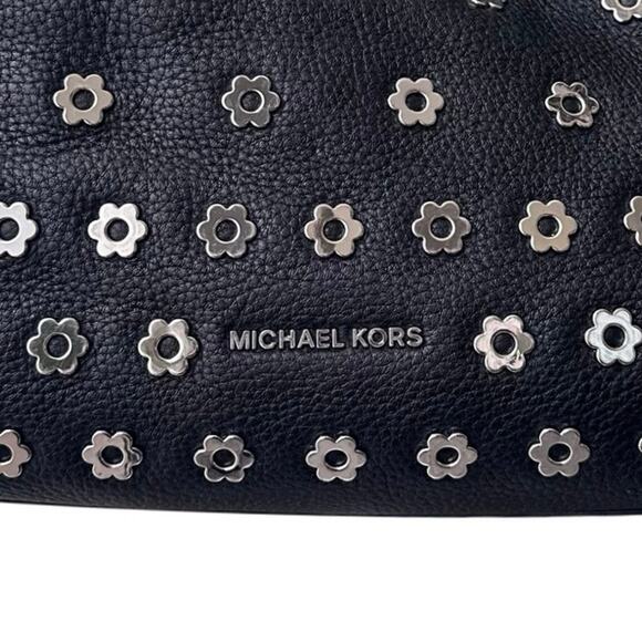 Michael Kors Black Leather Raven Silver Flower Stud Large Shoulder Tote Purse - Picture 2 of 16